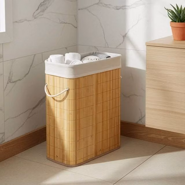EONLION Foldable Bamboo Laundry Basket, 40L, Beige, W/D/H: 49.5 x 40 x 15 cm