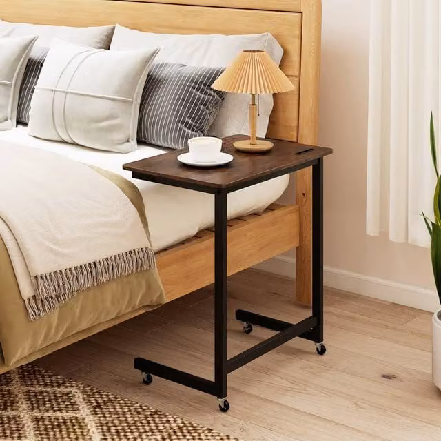 Costway C-shaped Mobile Bedside Table with Wheels and Built-in Phone Slot in Brown – 1