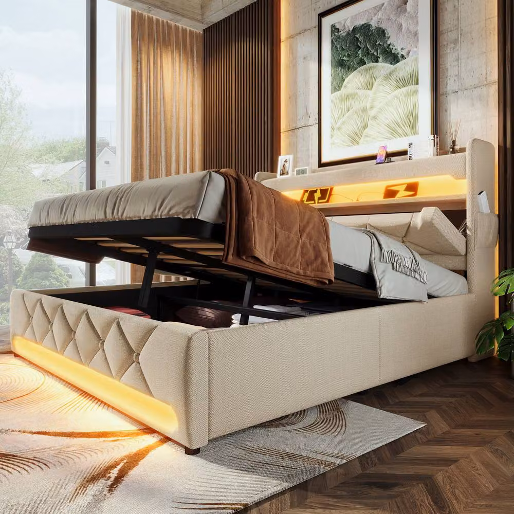 Matteo Upholstered Super King Bed in Beige with LED Lighting, USB Charging Ports, Bedside Shelves and Hydraulic Storage, W/D/H: 180 x 200 cm – 6