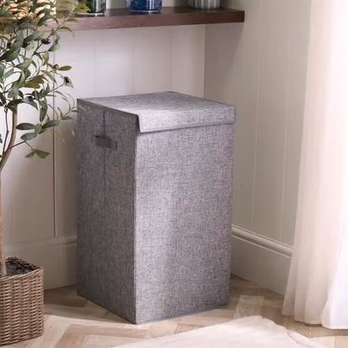 OHS Collapsible Large Laundry Basket with Lid and Handles, Grey, H 66 x W 35 x D 35 cm