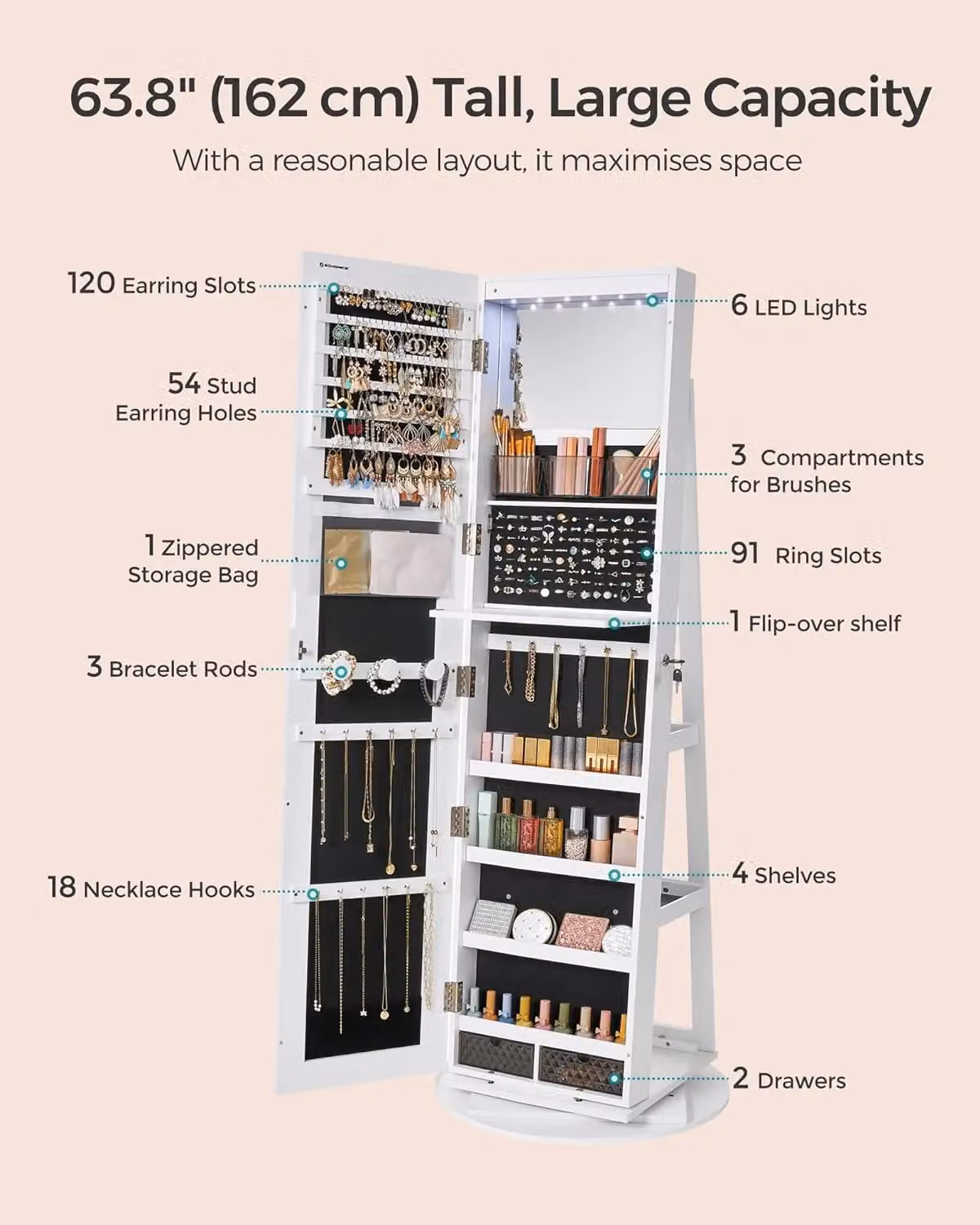 SONGMICS LED Jewellery Cabinet with Lockable Storage and Swivel Mirror in Black – 2