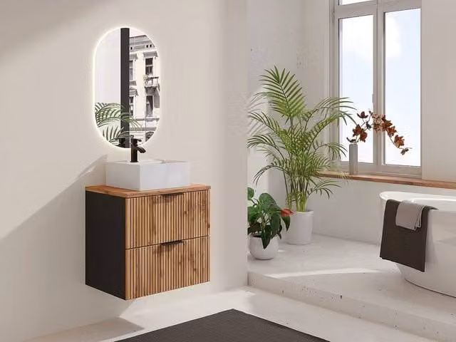 Vente-unique Striped Wall-Hung Bathroom Vanity Unit with Square Countertop Basin in Black – 1