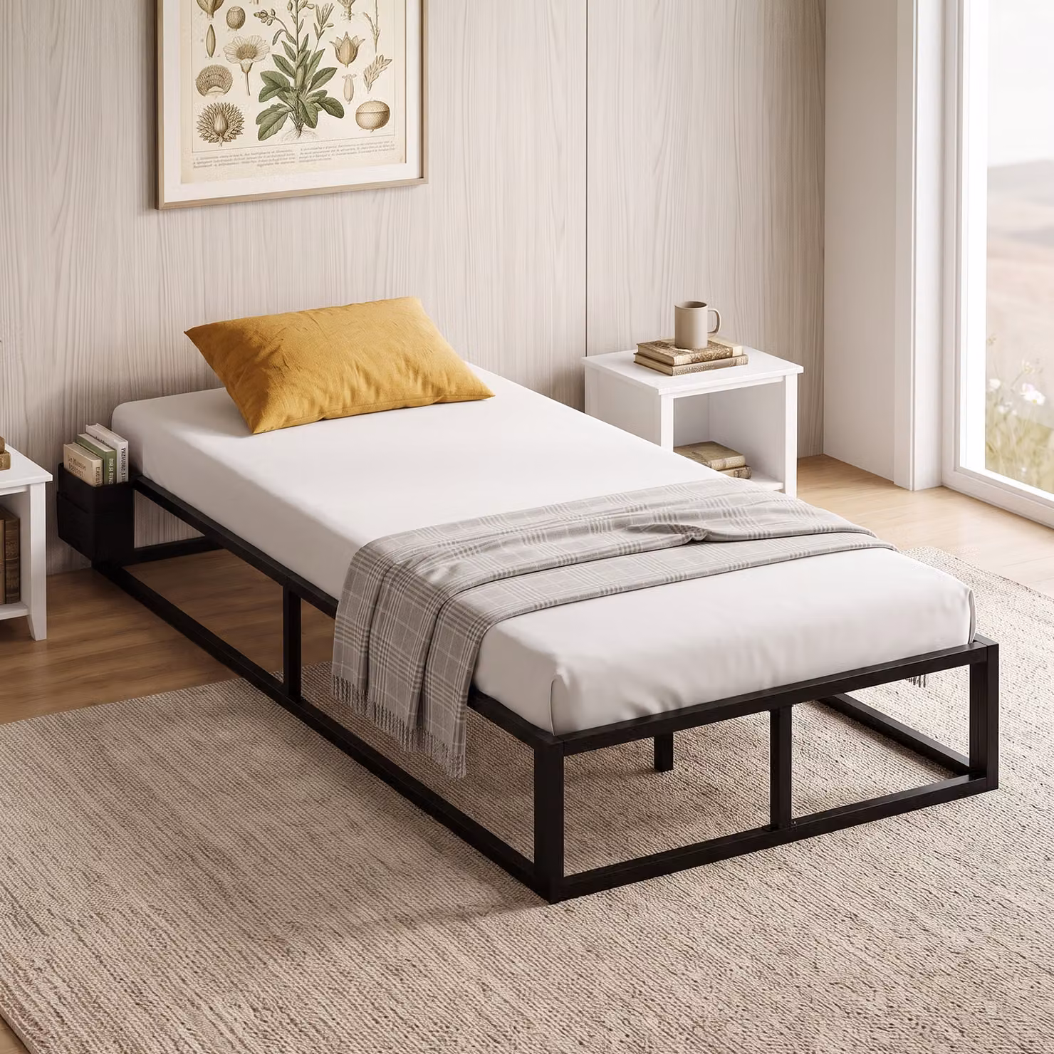 HOMCOM 3ft Single Metal Platform Bed Frame with 12 Slats and Side Storage Compartments, Black, W/D/H: 90 x 190 x 25 cm – 2