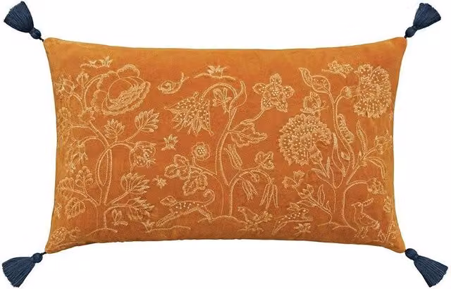 Morris & Co Honeysuckle & Tulip Floral Velvet Cushion in Bronze, Yellow and Orange, W: 50 cm, H: 30 cm – 1