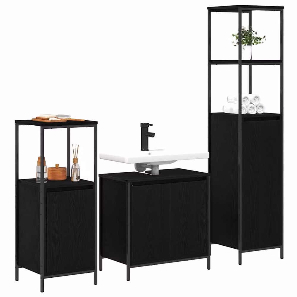 Berkfield Home 3 Piece Modern Black Bathroom Furniture Set with Vanity Unit, Tall Cabinet and Wall Cabinet – 2