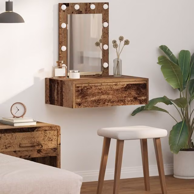 Berkfield Home Wall Hanging Dressing Table with Hollywood LED Lights in Brown Rustic Wood