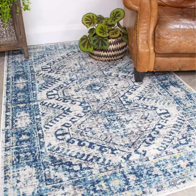 The Rug House Modern Geometric Blue Rectangular Living Area Rug W: 290 cm, D: 200 cm