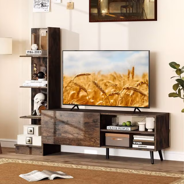 Costway Mid-Century Brown Wood and Metal Entertainment Center TV Stand