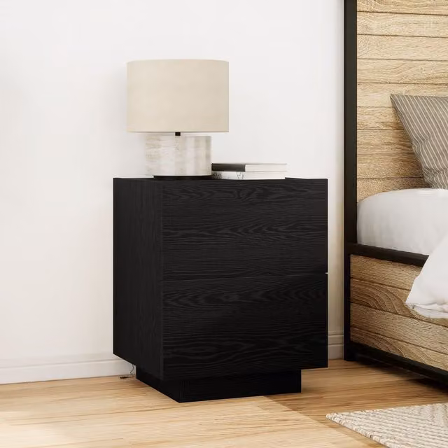 Berkfield Home Modern Bedside Cabinet with Integrated LED Lights in Black Oak, W: 45 cm, D: 40 cm, H: 55 cm