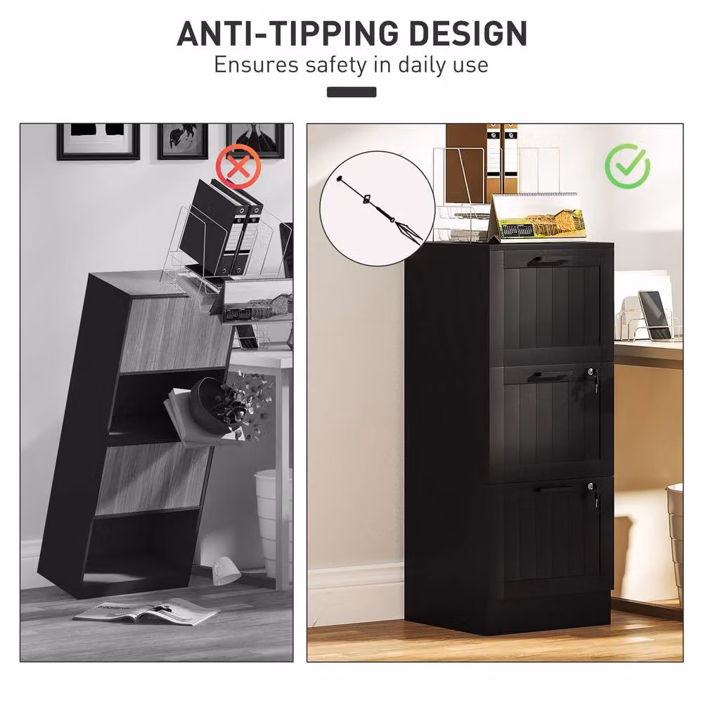 STILVORA 3 Drawer Metal Filing Cabinet with Lock, Black – 6