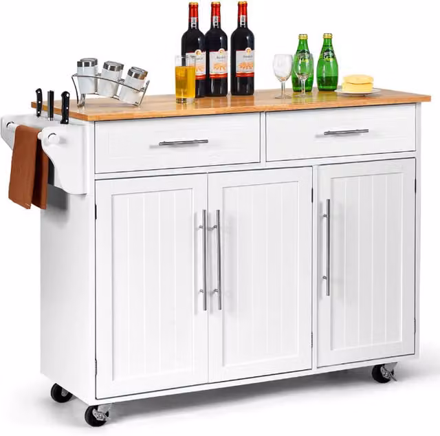 COSTWAY Modern White Kitchen Island Cart Storage Trolley with Hinged Doors and Internal Drawers