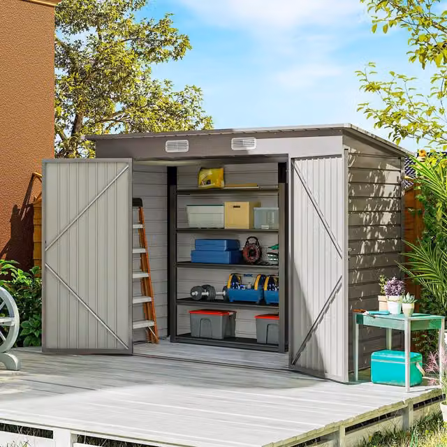 OUTSUNNY Metal Garden Storage Shed with Double Doors, Light Grey – 1