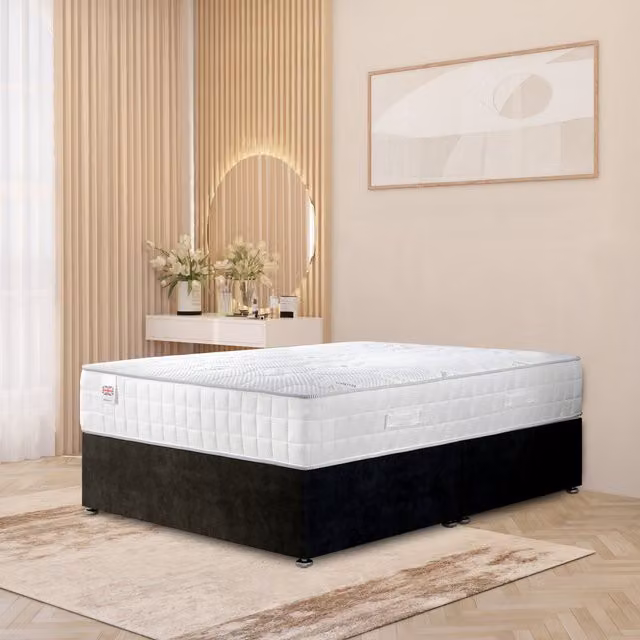 Horizona Black Plush Velvet Upholstered Divan Bed with Hybrid Knit Mattress W/D: 200 x 200 cm