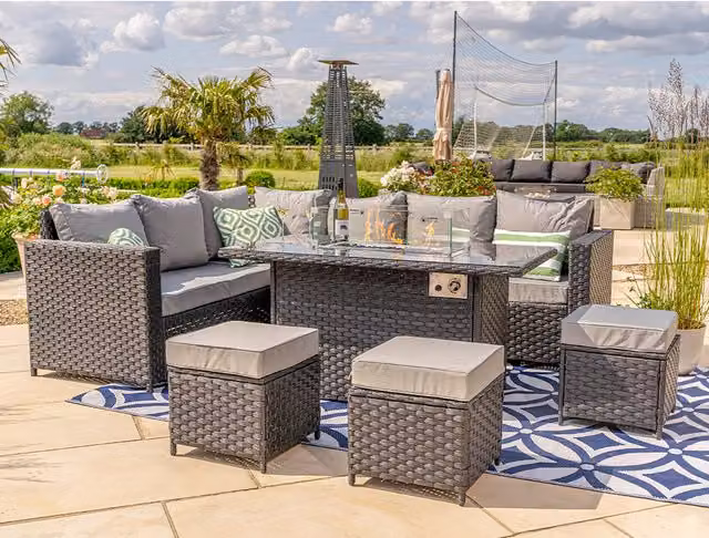 Furniture Maxi 9 Seater Modern Black Rattan Corner Sofa Set with Fire-Pit Table