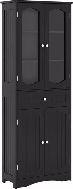 Gymax Modern Black Freestanding Bathroom Cabinet with 2 Glass Doors and Internal Shelves, Height: 160 cm – 1
