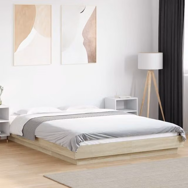 Berkfield Home Sonoma Oak Bed Frame with LED Lights and USB Charging Port, Brown, W/D/H: 140 x 190 cm – 1