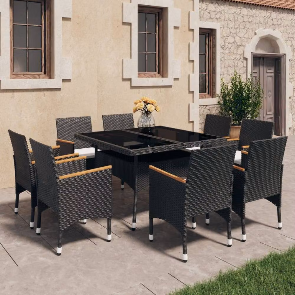 Berkfield Home 9 Piece Modern Garden Dining Set in Black Poly Rattan and Tempered Glass – 2
