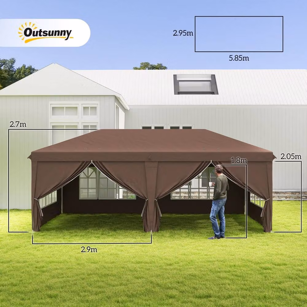 Outsunny Brown Pop-Up Gazebo with Curtain Walls and Windows, W: 600 cm, D: 300 cm, H: 205 cm – 4