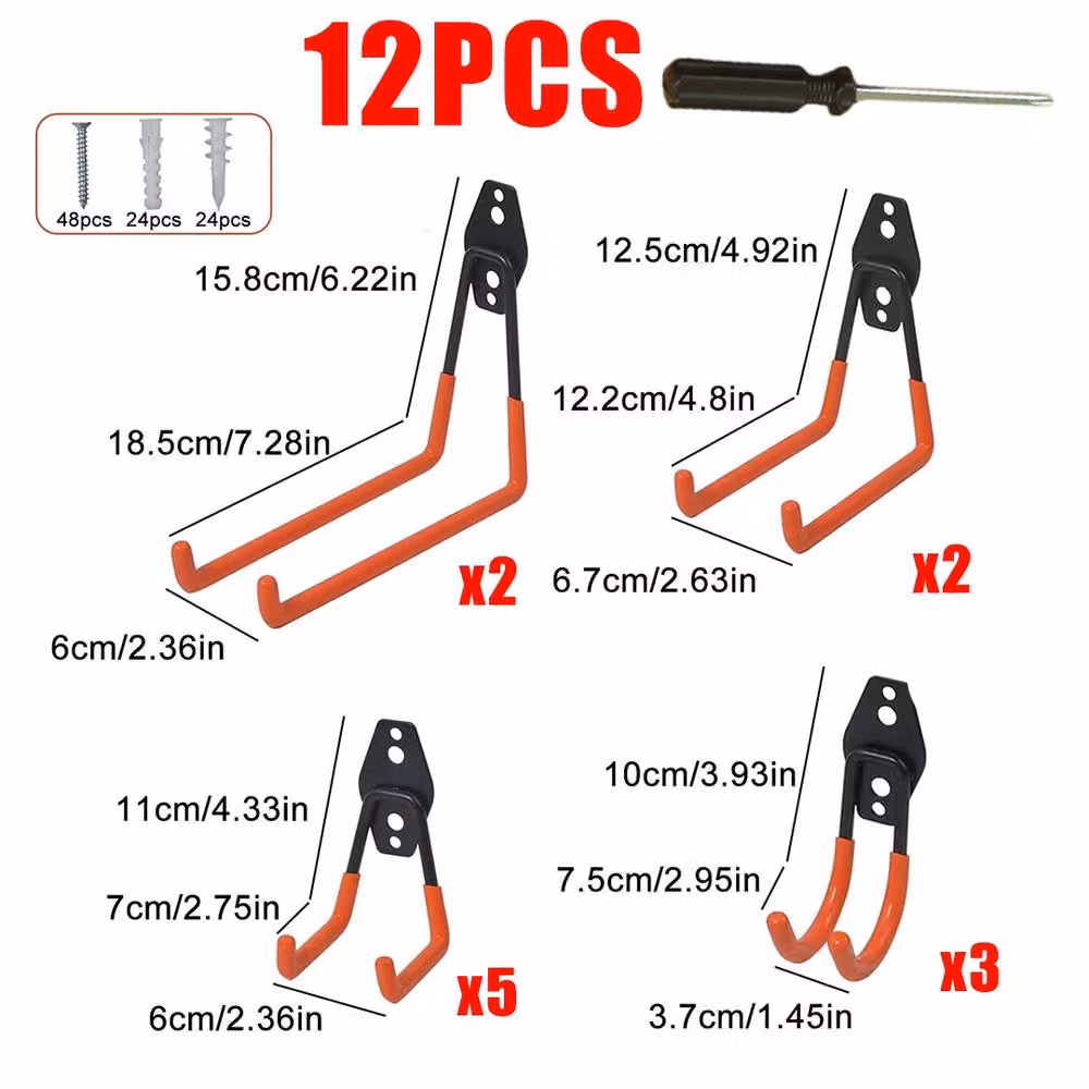 Kelvenix 12-Piece Heavy Duty Steel Garage Storage Utility Wall Hangers in Orange – 1