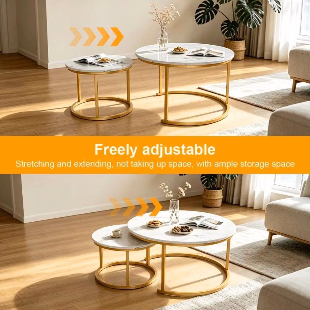 EONLION Set of 2 Round White and Gold Nesting Coffee Tables with Marble Tops – 3