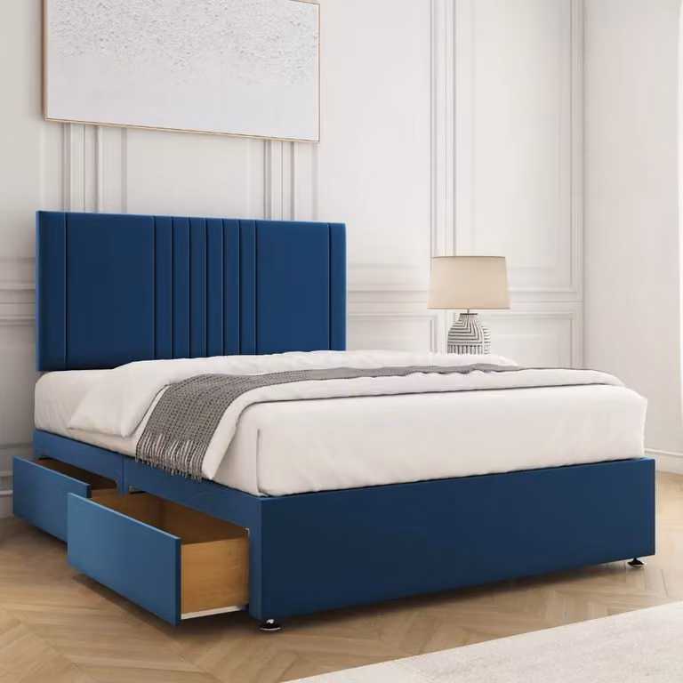 BSSPOKE Monaco Plush Velvet Divan Bed with 24 inch Headboard and 4 Drawers, Blue, W/D/H: 140 x 200 cm