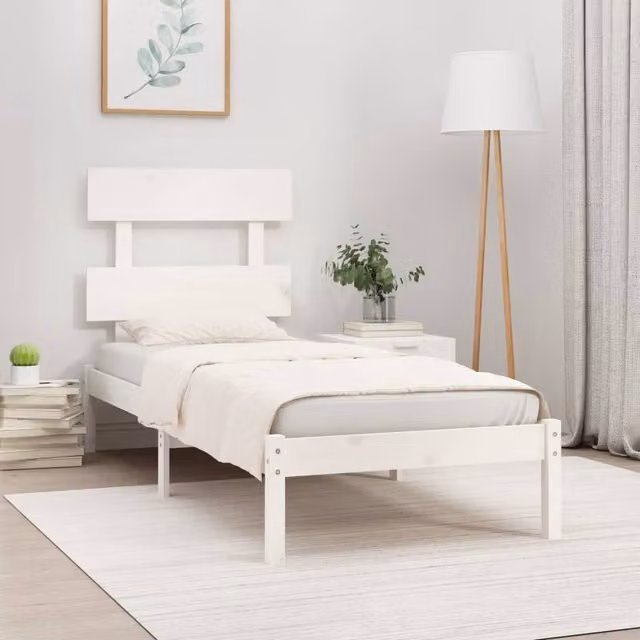 Berkfield Home White Solid Pine Wood Bed Frame W: 90 cm, L: 200 cm