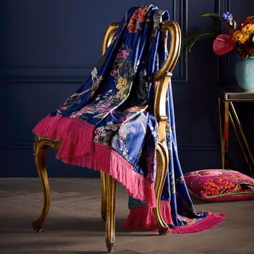 House of Laurence Llewelyn-Bowen Reversible Floral Velvet Throw in Blue, Petrol and Pink, W/D/H: 130 x 180 cm – 2
