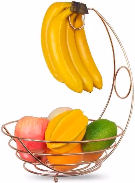 NESTLUNE Large Metal Fruit Bowl Holder with Banana Hanger Hook in Gold