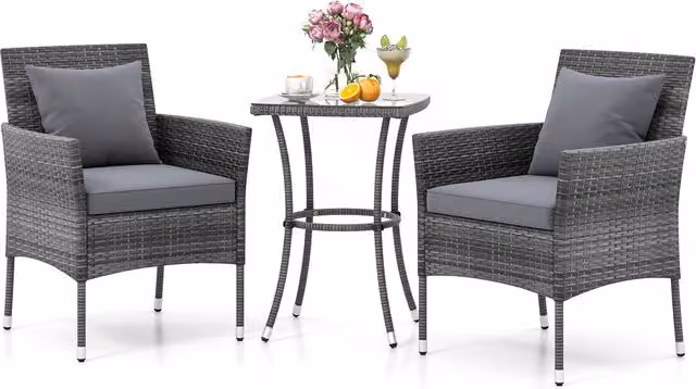 COSTWAY 3-Piece Grey Polyrattan Bistro Set with Round Glass Top Table