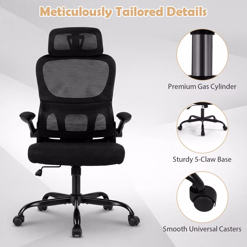 Gymax High Back Ergonomic Mesh Office Chair with Lumbar Support, Headrest and Flip-up Arms in Black – 6