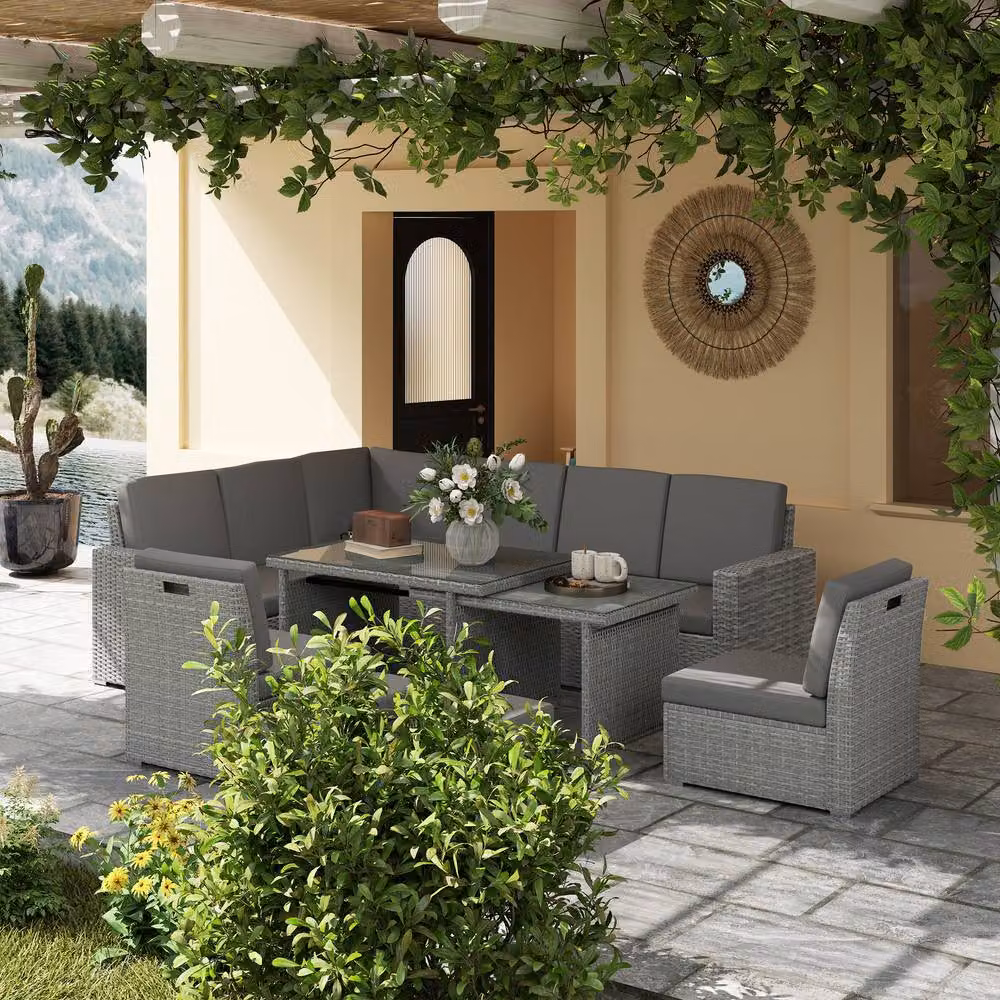 STILVORA 10-Seater Sofa Set with Expandable Glass Table and Rattan Details in Grey – 6