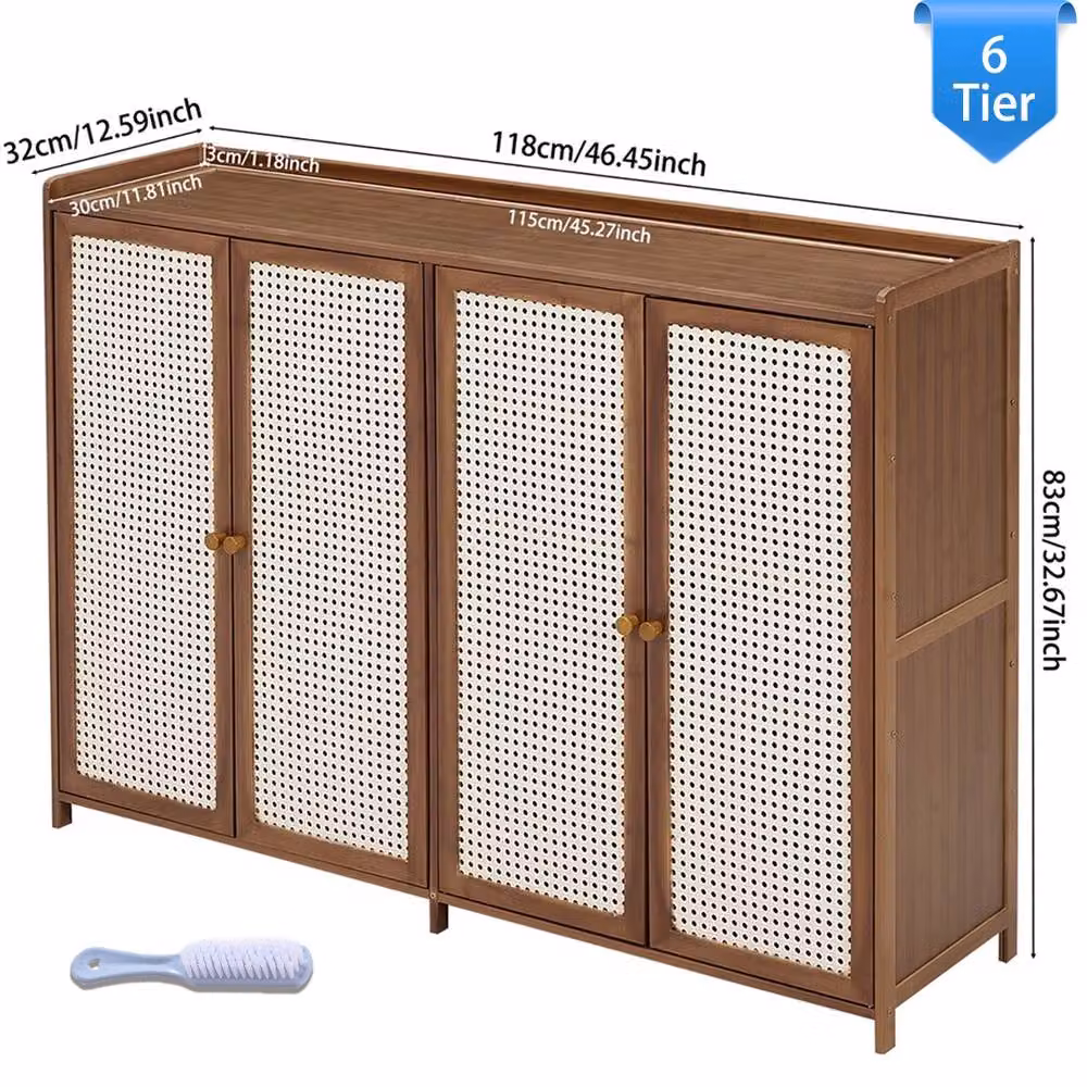 Ventryn 6-Tier Large Bamboo Shoe Cabinet with 4 Rattan Doors in Brown and Beige – 2