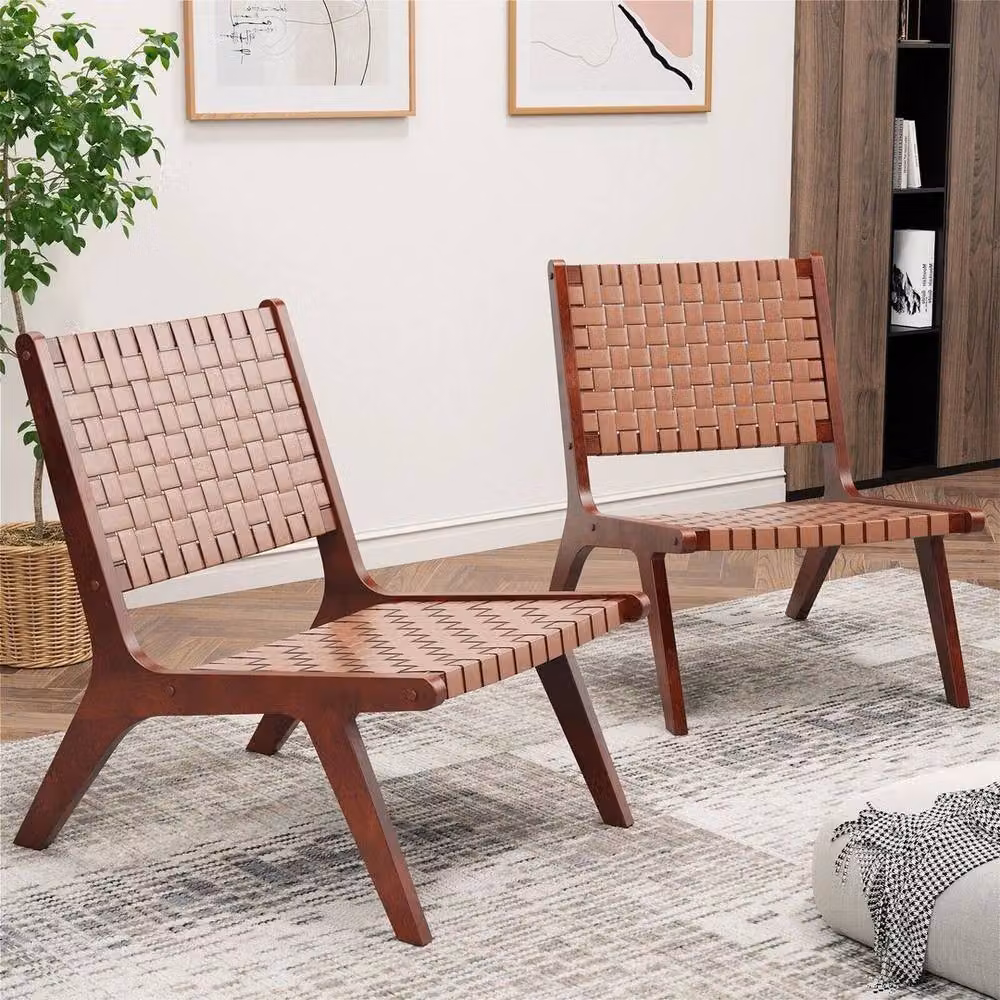 SPETLEK Set of 2 Modern Woven Brown PU Leather Accent Lounge Chairs with Solid Rubberwood Frame – 3