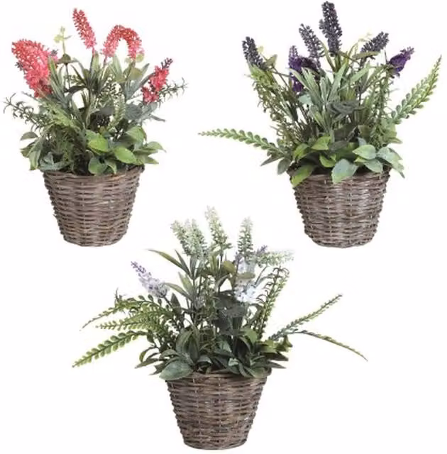 Strights Multicolour Artificial Lavender in a Round Rattan Wicker Tabletop Planter