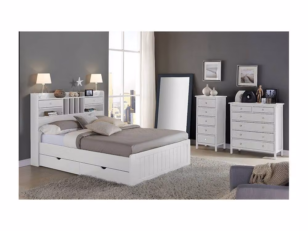 MEDERICK White Lacquered Pine Double Bed with Storage Drawers W/D/H: 140 x 190 x 148 cm – 4