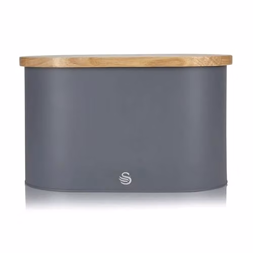 Swan Nordic Scandi Bread Bin with Bamboo Cutting Board Lid, Grey, Metal and Bamboo, W/D/H: 34.5 x 18.5 x 16.5 cm