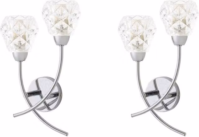 ValueLights Astley Pair of Chrome 2 Way Wall Lights with Transparent Crystal Shades in Silver – 1