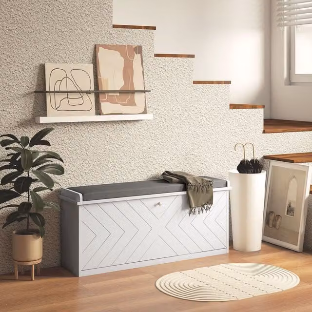 HOMCOM White Upholstered Shoe Bench with Fabric Cushion and Flip Drawer for Hallways