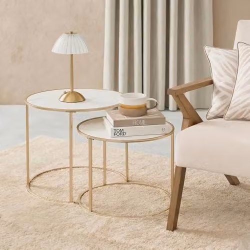 OHS Marble Nest of 2 Round Side Tables in White and Gold – 1