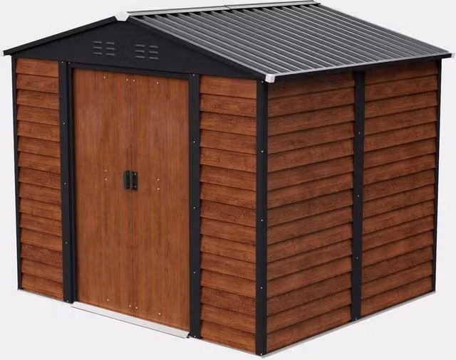 FORGEVIO Brown Wood Effect Galvanised Steel Garden Shed with Double Doors and Roof Vent