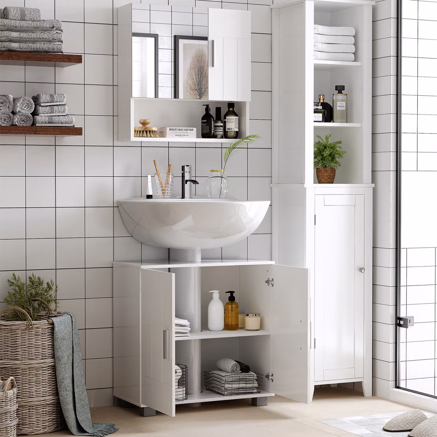 kleankin Wall-Mounted White Bathroom Cabinet with Mirrored Hinged Doors and Internal Shelving – 2