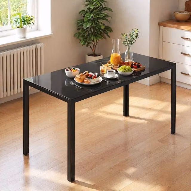 STILVORA Modern Rectangular Dining Table for 4 with Black Glossy Glass Top
