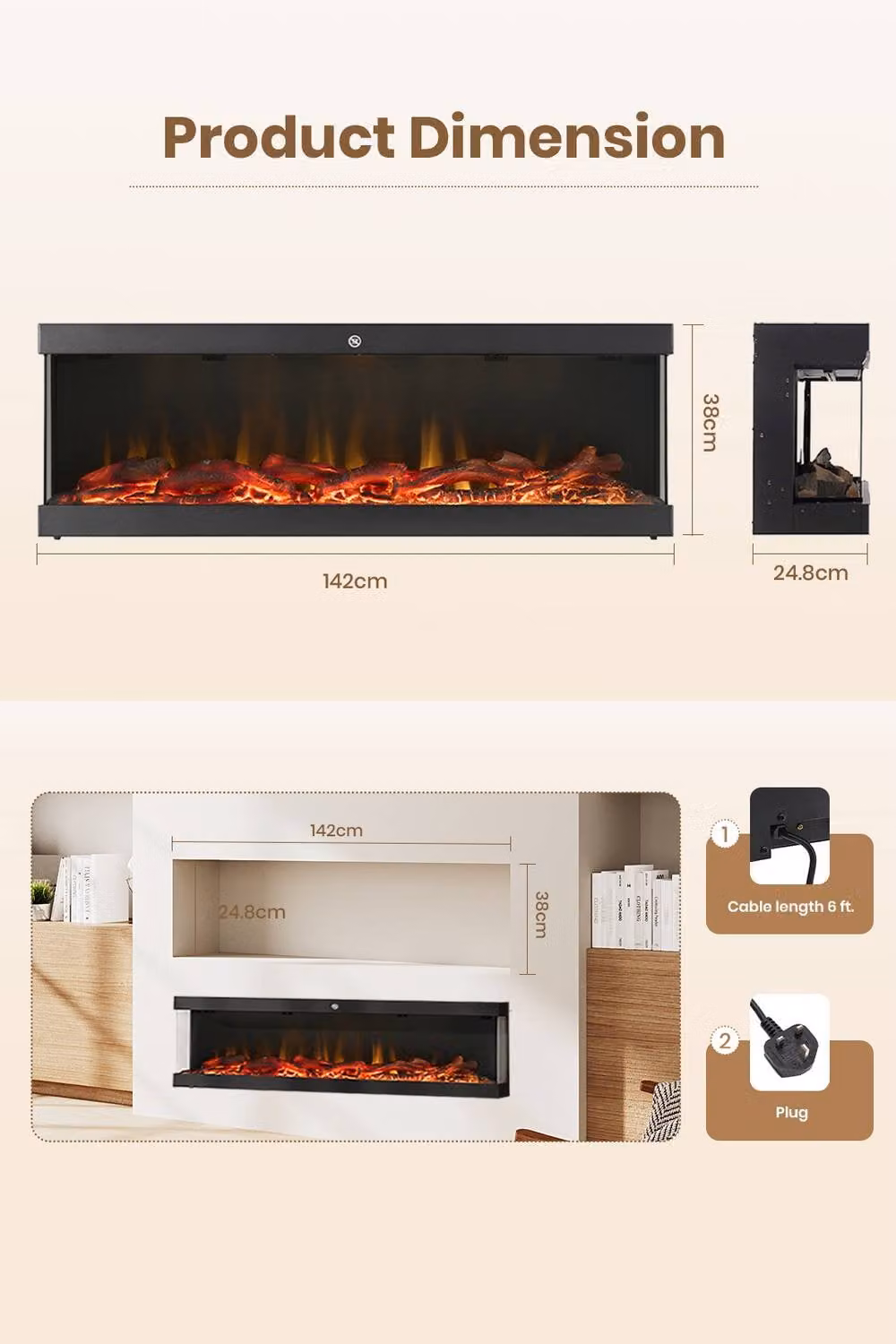 H&O Direct Black Electric Fireplace with Remote Control and App Control, Width: 142 cm – 7