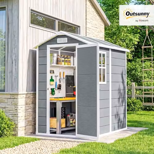 Outsunny Grey Plastic Garden Shed with Floor, Window and Lockable Single Door – 2