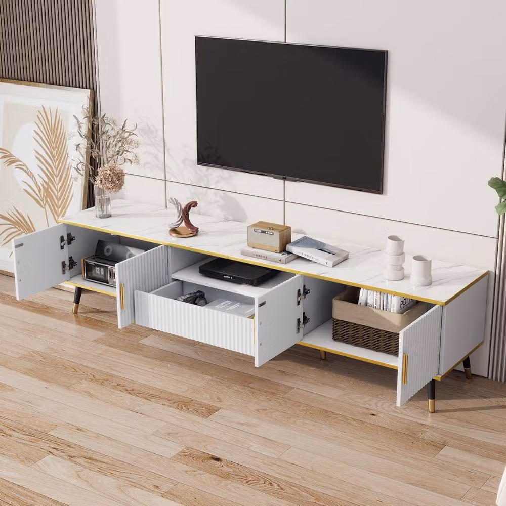 Merax Modern White and Gold Media Console TV Stand with Marble Effect Top and Soft Close Drawers, W: 200 cm, D: 40 cm, H: 46 cm – 4