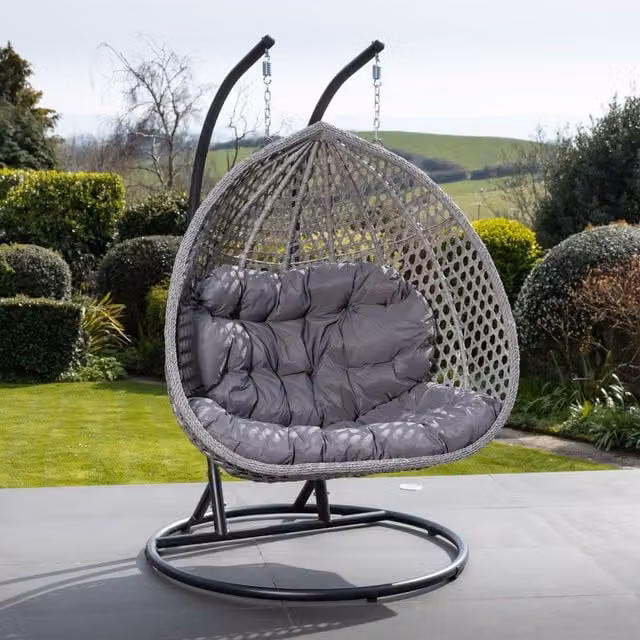 Artemis Home Oakley Double Swing Egg Pod Chair in Grey Polyrattan with Outdoor Fabric Cushions