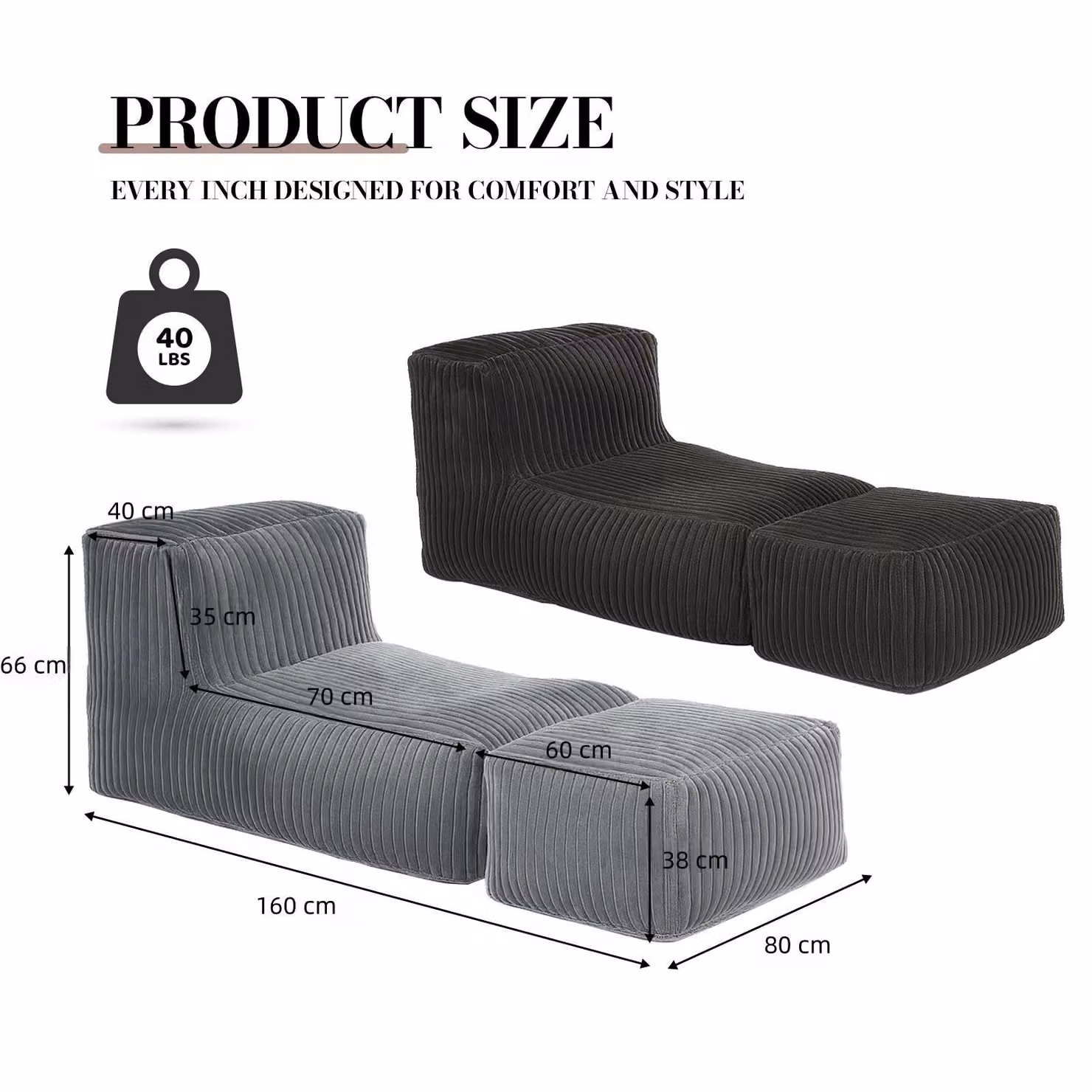 Aosom UK Modular Bean Bag Sofa with Ottoman and Removable Machine-Washable Cover in Light Grey, H 66 x W 80 x D 160 cm – 2