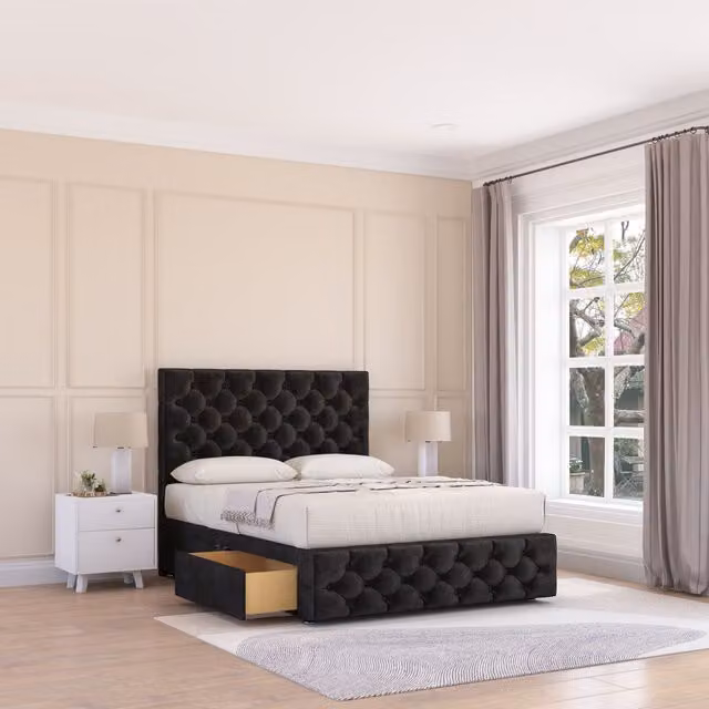 Sloomy Watson Chesterfield Divan Bed Base with 2 Drawers and Headboard, Black Velvet, W/D/H: 120 x 200 cm