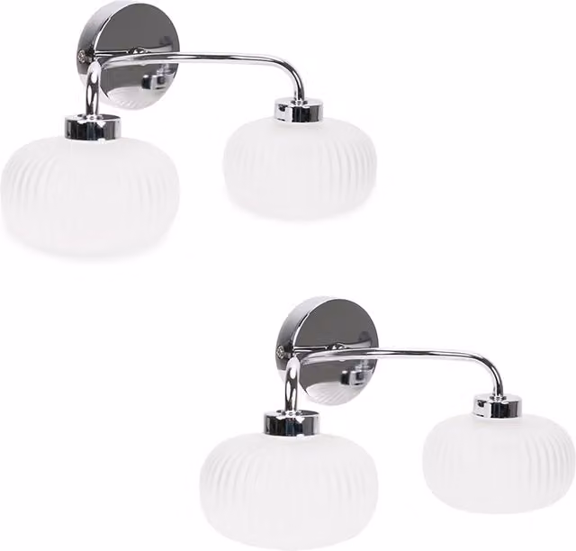 ValueLights Amaia Pair of 2 Way IP44 Up and Down Wall Lights with Ribbed Glass Shades and Bulbs in Silver