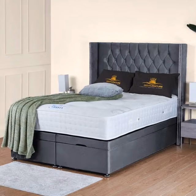 UK Bed Furniture Francesca End Lift Divan Ottoman Bed with 54 Inch Diamond Headboard in Charcoal Grey, W/D/H: 90 x 190 x 137.16 cm